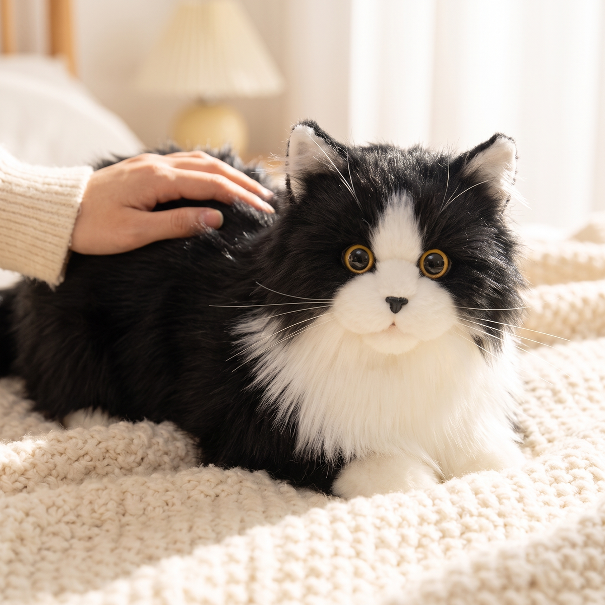 Lifelike Black and White Plush Cat