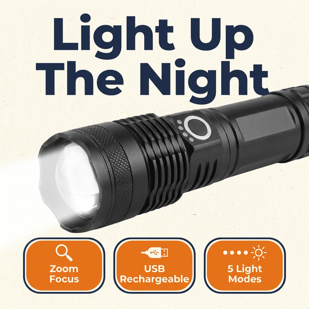 Rechargeable Tactical LED Flashlight – Super Bright XHP50 Zoom Flashlight with 5 Modes, USB Charging & Water-Resistant Aluminum Body