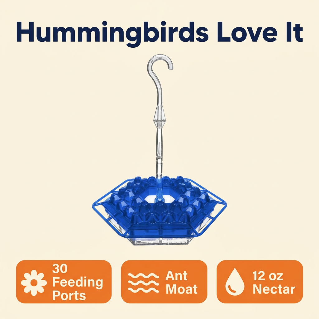 Hummingbird Feeder with Perch – 30 Diamond Feeding Ports, Built-In Ant Moat, 12 oz Hanging Outdoor Feeder