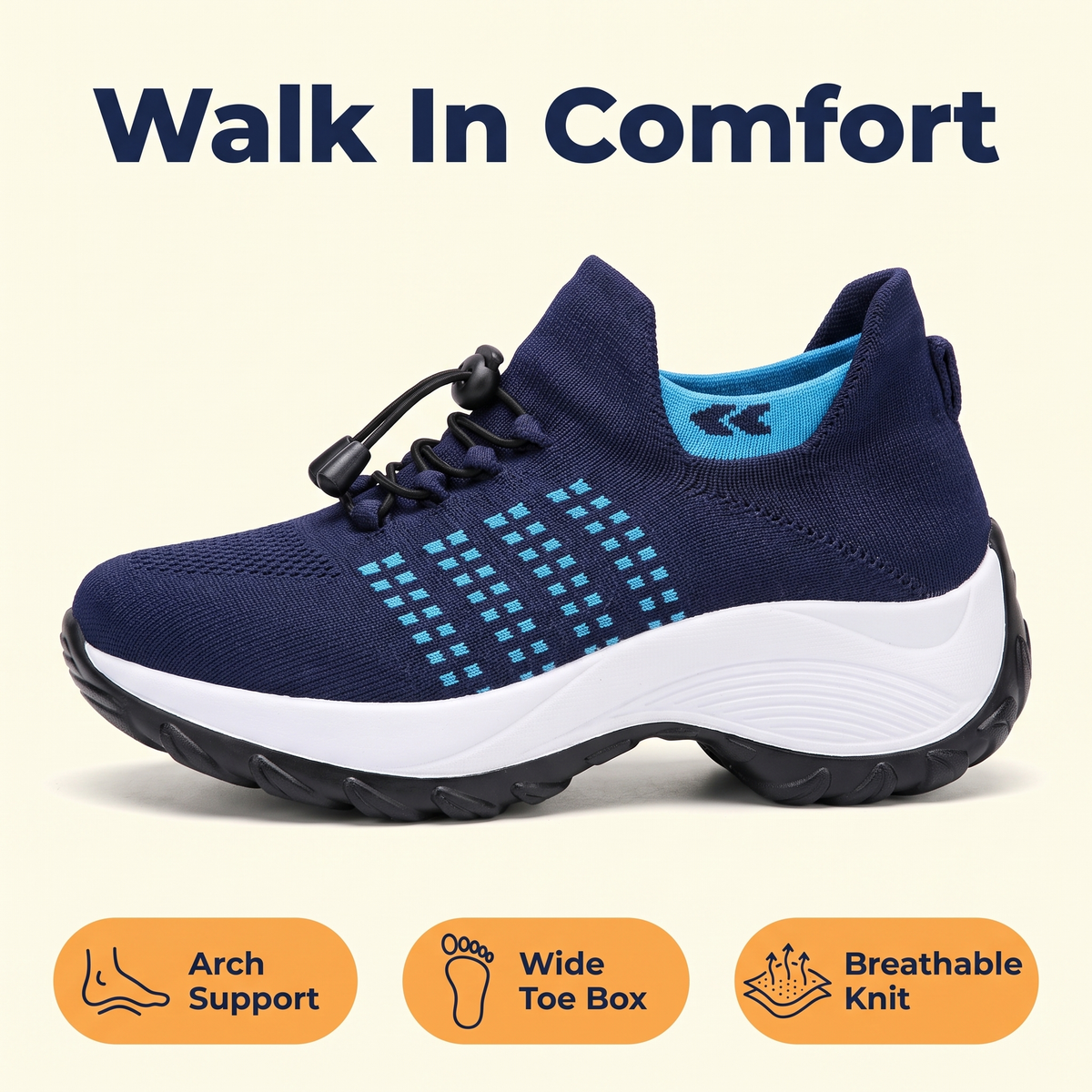 Orthopedic Walking Sneakers – Slip-On Knit Shoes with Arch Support, Wide Toe Box & Cushioned Rocker Sole