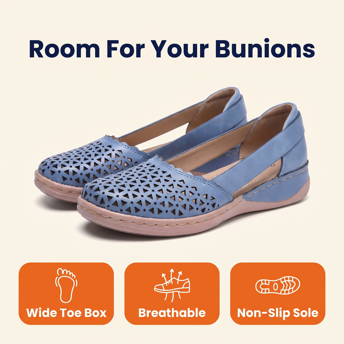 Women's Wide Toe Box Flats for Bunions – Breathable Perforated Slip-On Loafers with Non-Slip Sole