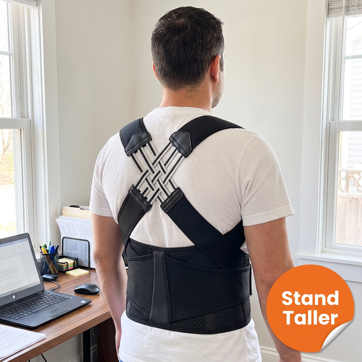 Posture Corrector for Back Pain – Adjustable Back Brace with X-Shaped Elastic Straps & Lumbar Waist Belt, Men & Women