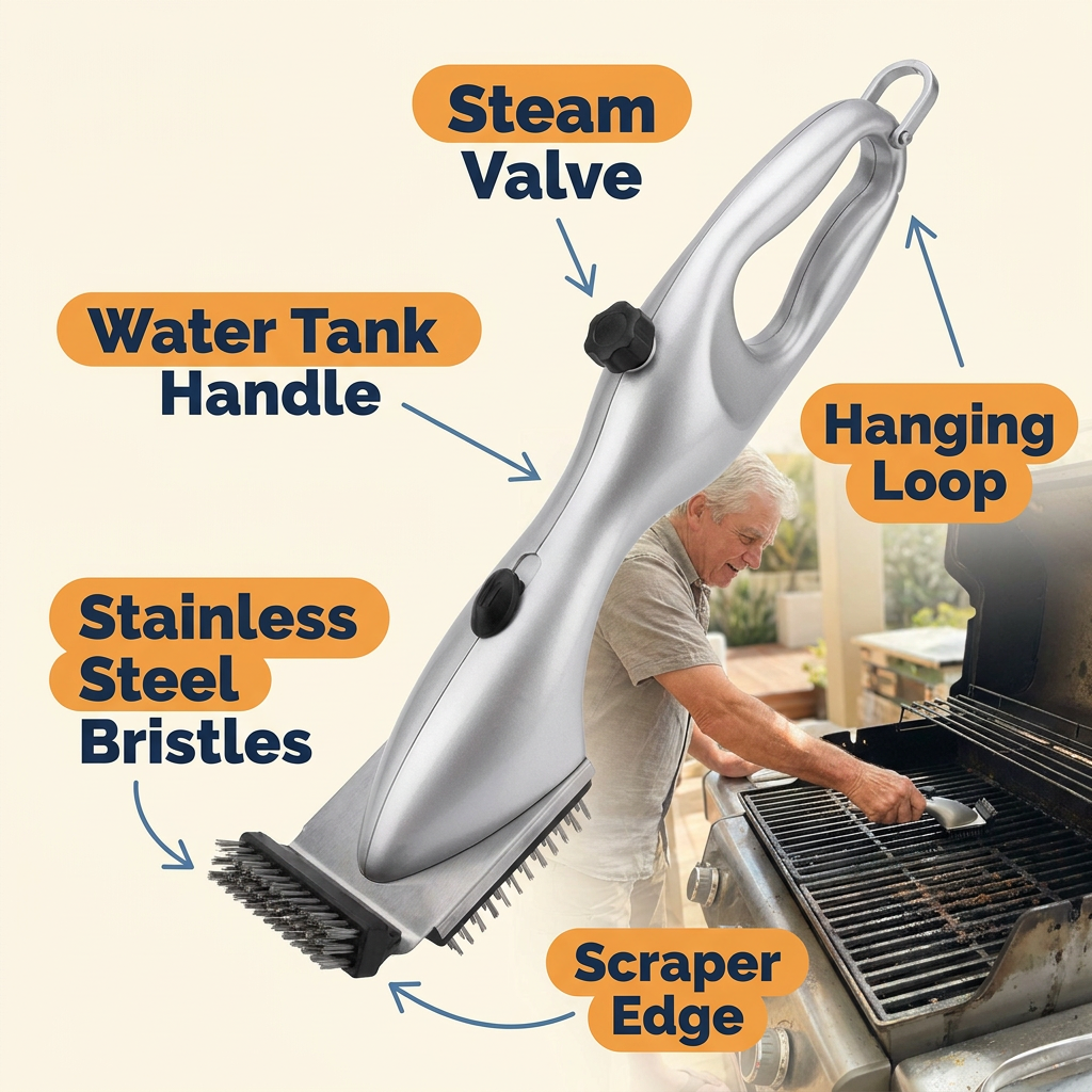 Steam Grill Brush – Stainless Steel BBQ Cleaner with Water Tank