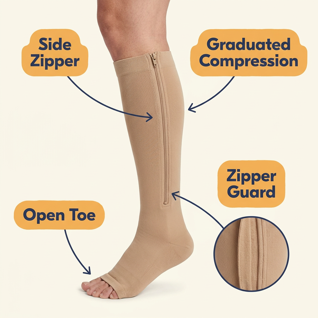 Zipper Compression Socks 20-30 mmHg – Open Toe Knee-High Support Stockings for Swelling & Tired Legs, Unisex