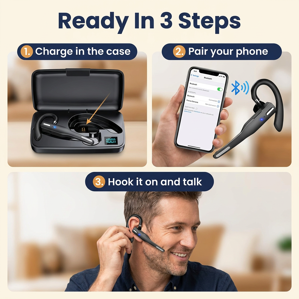 Bluetooth 5.1 Trucker Headset with Boom Mic – Dual-Mic Noise Cancelling Wireless Earpiece, 20+ Hour Talk Time, Charging Case