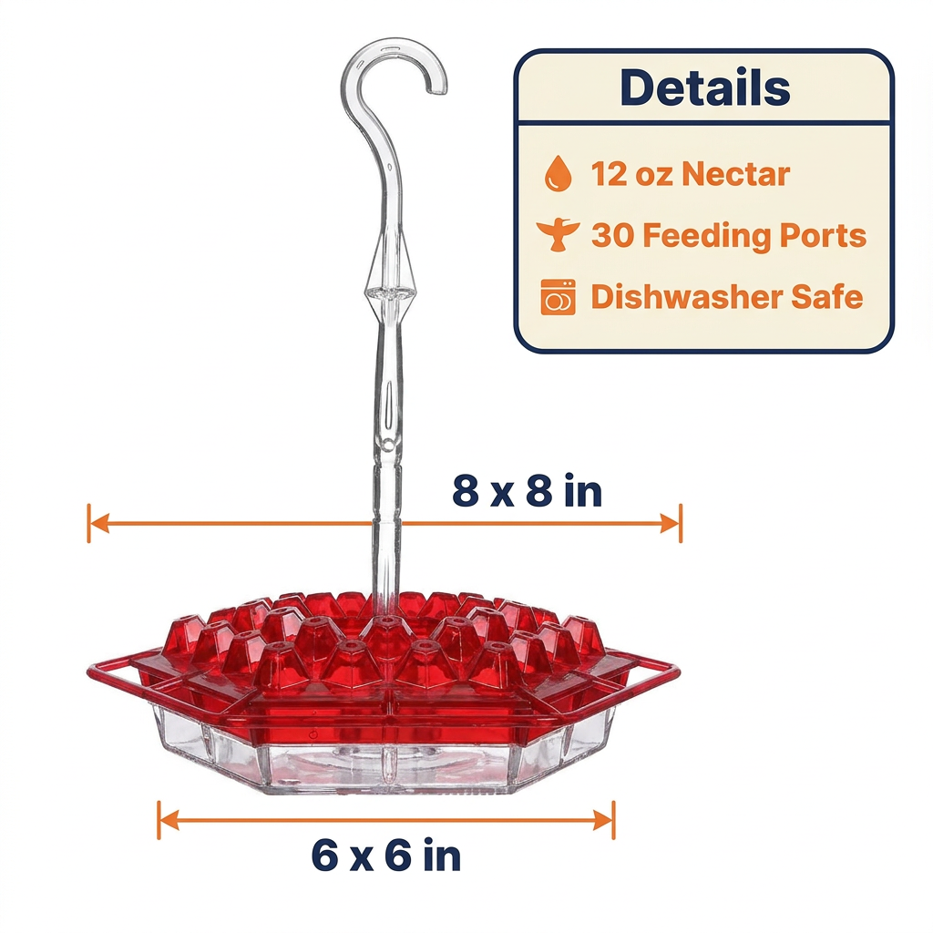 Hummingbird Feeder with Perch – 30 Diamond Feeding Ports, Built-In Ant Moat, 12 oz Hanging Outdoor Feeder