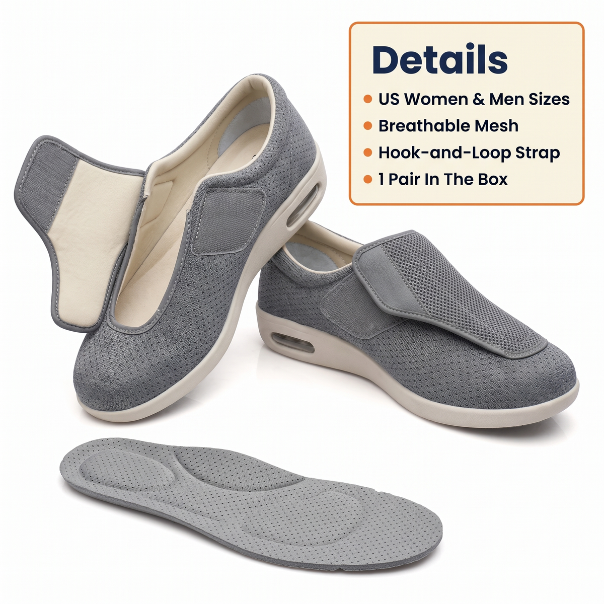 Extra Wide Diabetic Shoes for Swollen Feet – Adjustable Hook-and-Loop Walking Shoes with Memory Foam Insole