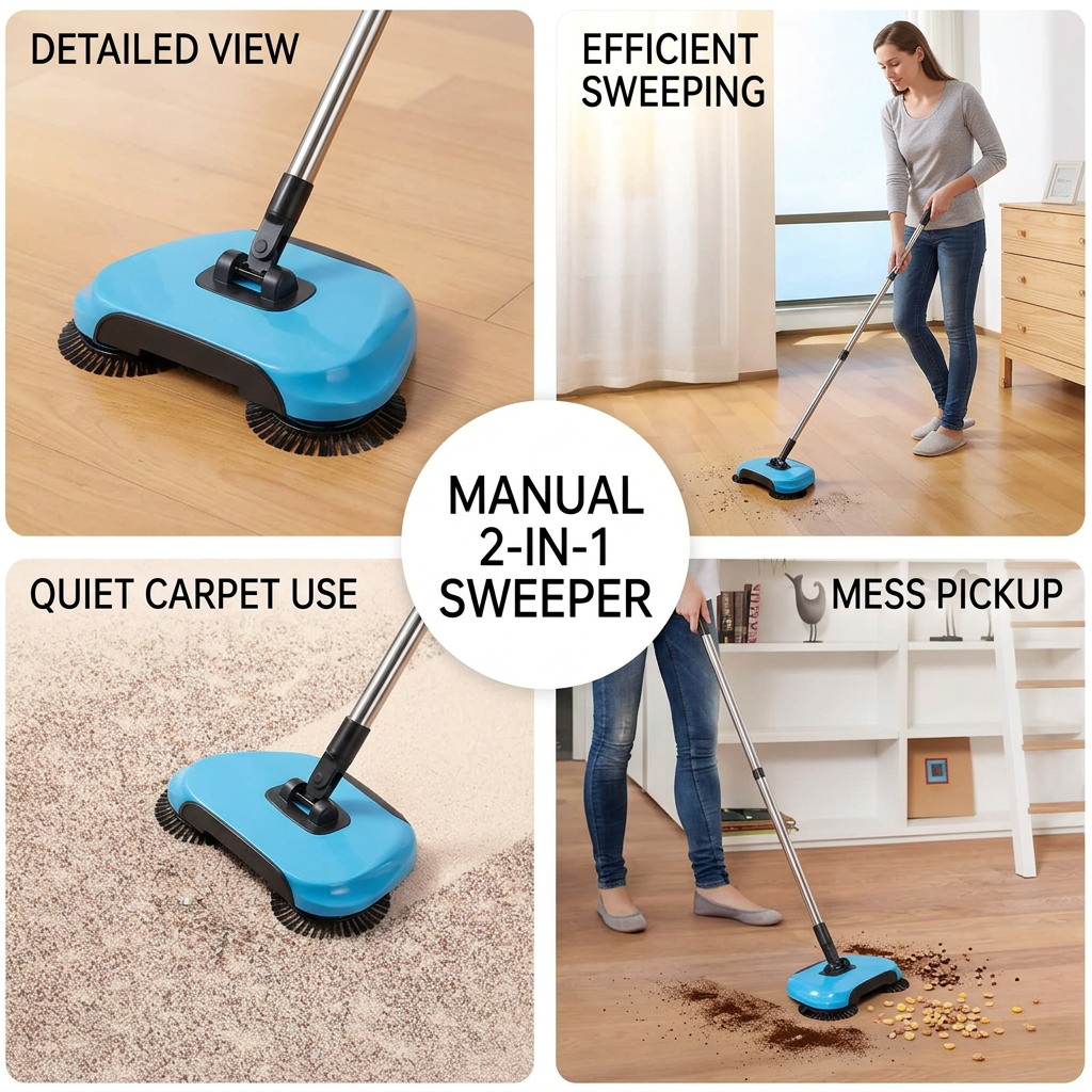 Manual 2-in-1 Broom with Rotating Brush