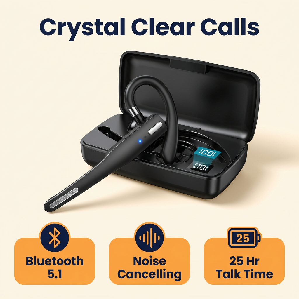 Bluetooth 5.1 Trucker Headset with Boom Mic – Dual-Mic Noise Cancelling Wireless Earpiece, 20+ Hour Talk Time, Charging Case