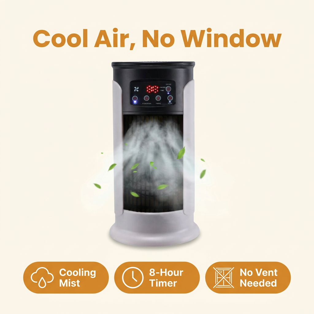 Portable Evaporative Air Cooler – Windowless Tower Room Cooler with Cooling Mist, Swing Mode & 8-Hour Timer, No Vent Needed