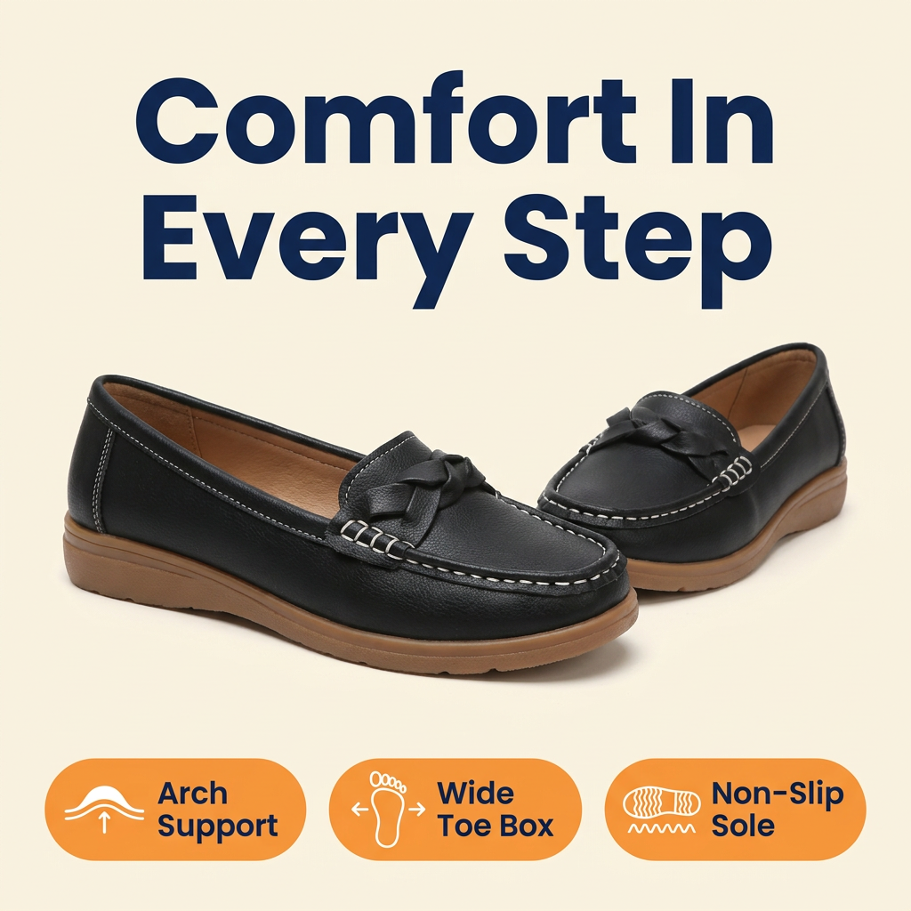 Women's Orthopedic Leather Loafers – Slip-On Moccasin Walking Flats with Arch Support & Wide Toe Box