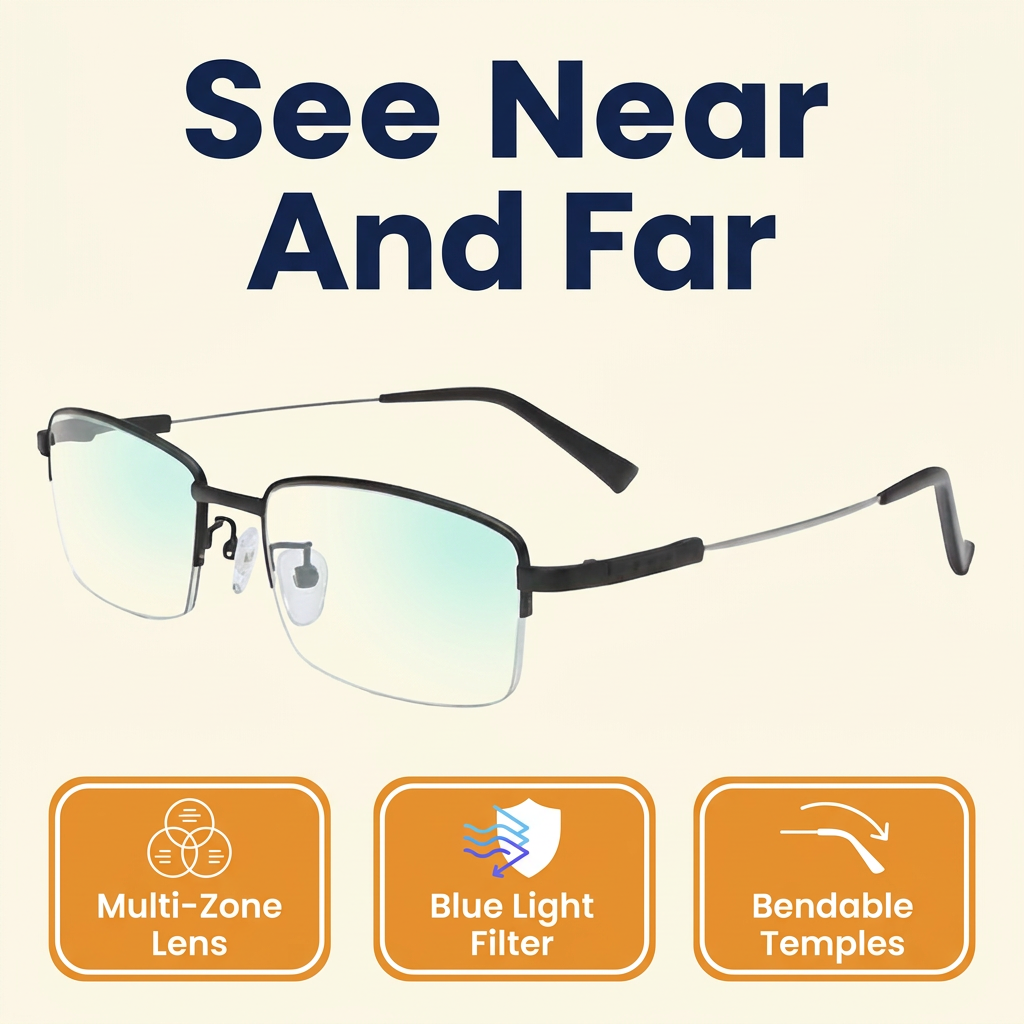 Progressive Multifocal Reading Glasses – Near, Middle & Far Vision, Light-Adaptive Blue Light Blocking Lenses