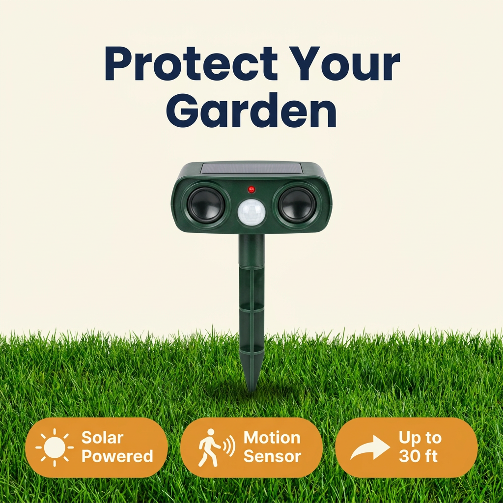 Solar Animal Repeller – Ultrasonic Outdoor Deterrent with Motion Sensor & Flashing Light for Deer, Squirrels, Cats