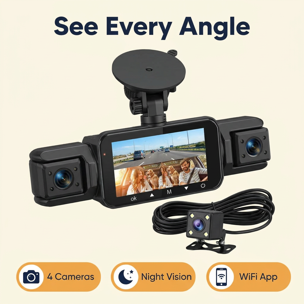 4-Channel Dash Cam Front, Rear & Inside – WiFi App, 1080P, Infrared Night Vision, 3 Inch Screen & 24H Parking Monitor