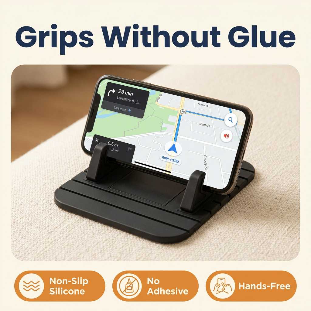 Non-Slip Silicone Car Phone Holder – Dashboard Phone Mount Pad, No Adhesive, Doubles as Desk Stand