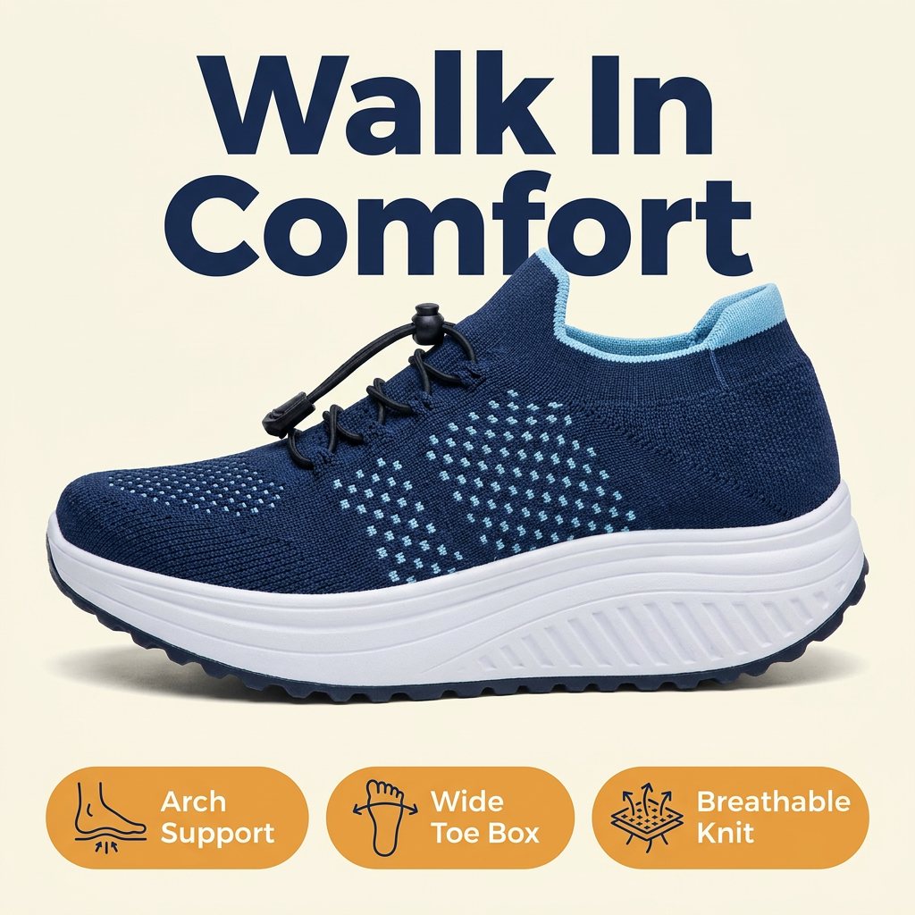 Orthopedic Walking Sneakers – Slip-On Knit Shoes with Arch Support, Wide Toe Box & Cushioned Rocker Sole
