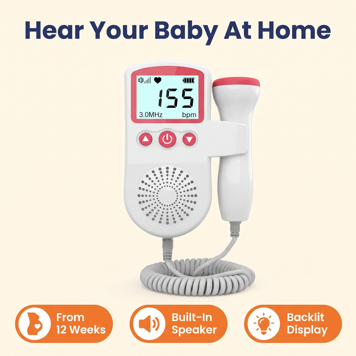Fetal Doppler Heart Rate Monitor – Home Baby Heartbeat Listener with 3 MHz Probe, Speaker & Backlit LCD