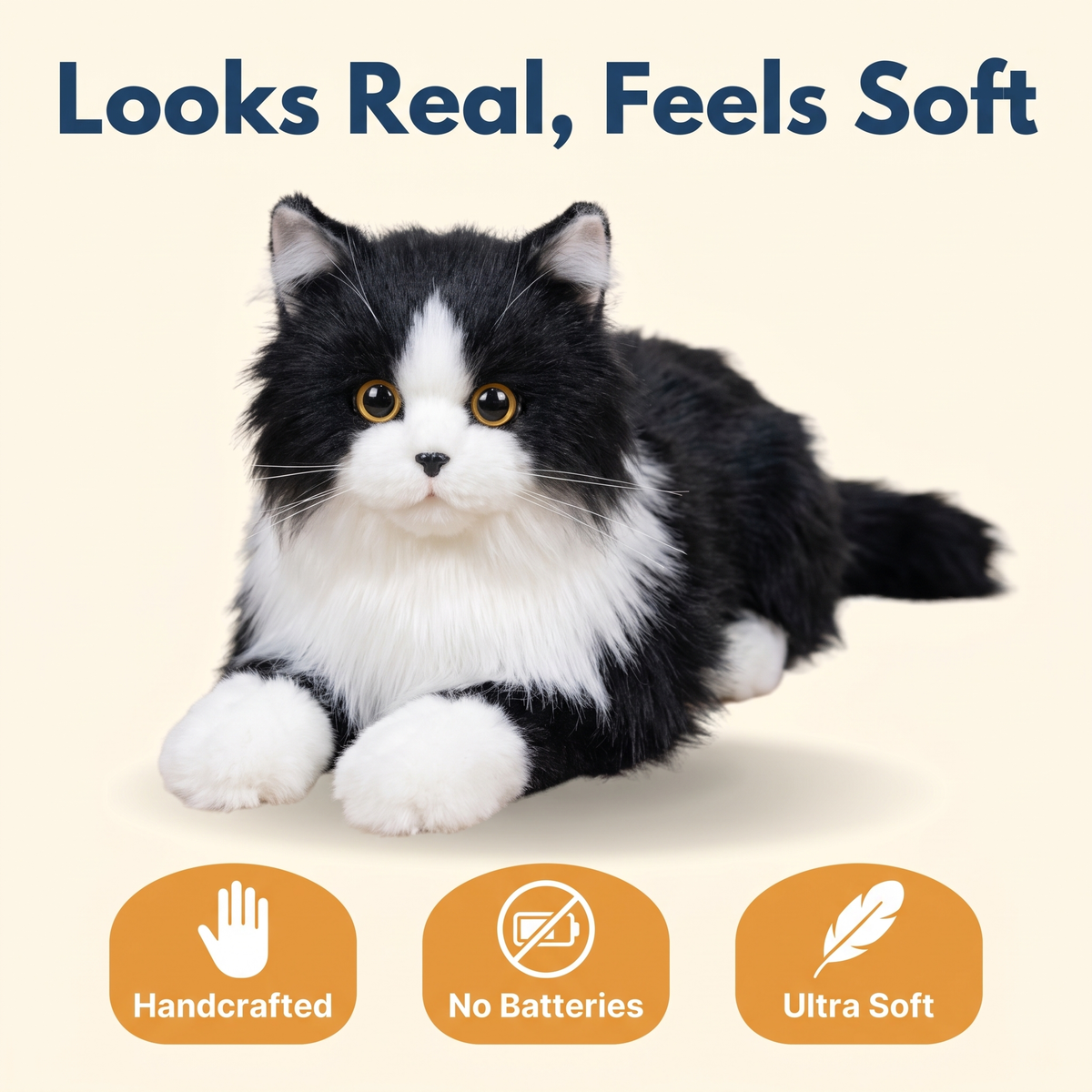 Lifelike Black and White Plush Cat