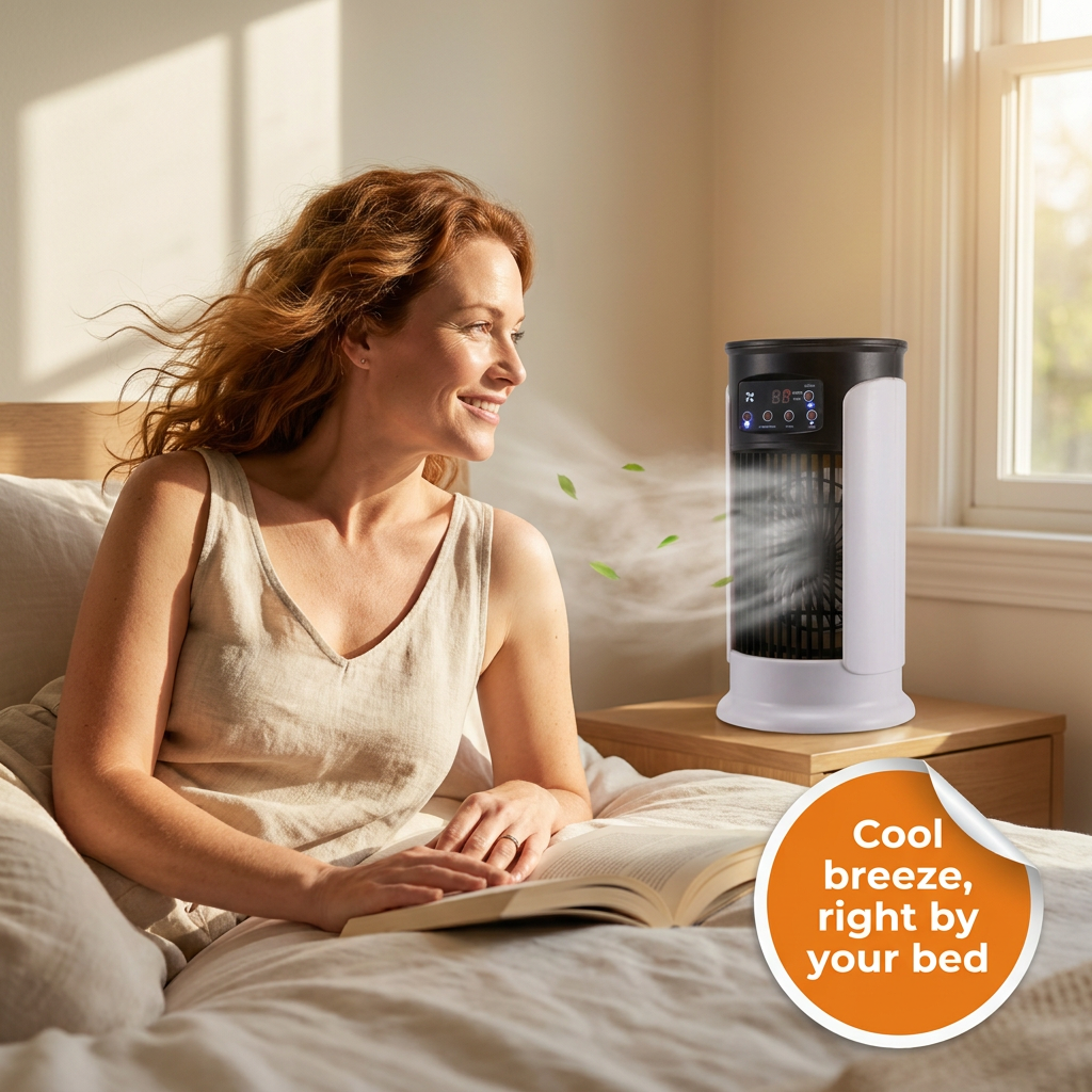 Portable Evaporative Air Cooler – Windowless Tower Room Cooler with Cooling Mist, Swing Mode & 8-Hour Timer, No Vent Needed