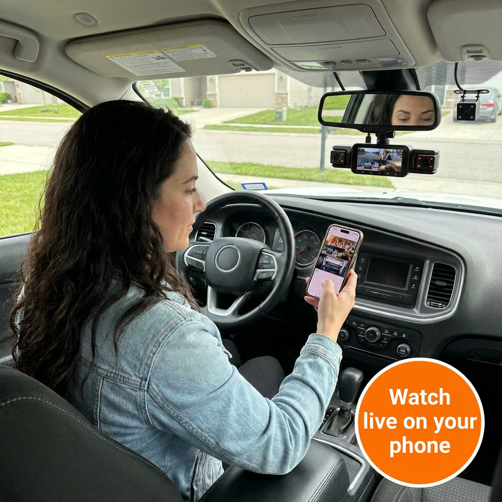 4-Channel Dash Cam Front, Rear & Inside – WiFi App, 1080P, Infrared Night Vision, 3 Inch Screen & 24H Parking Monitor