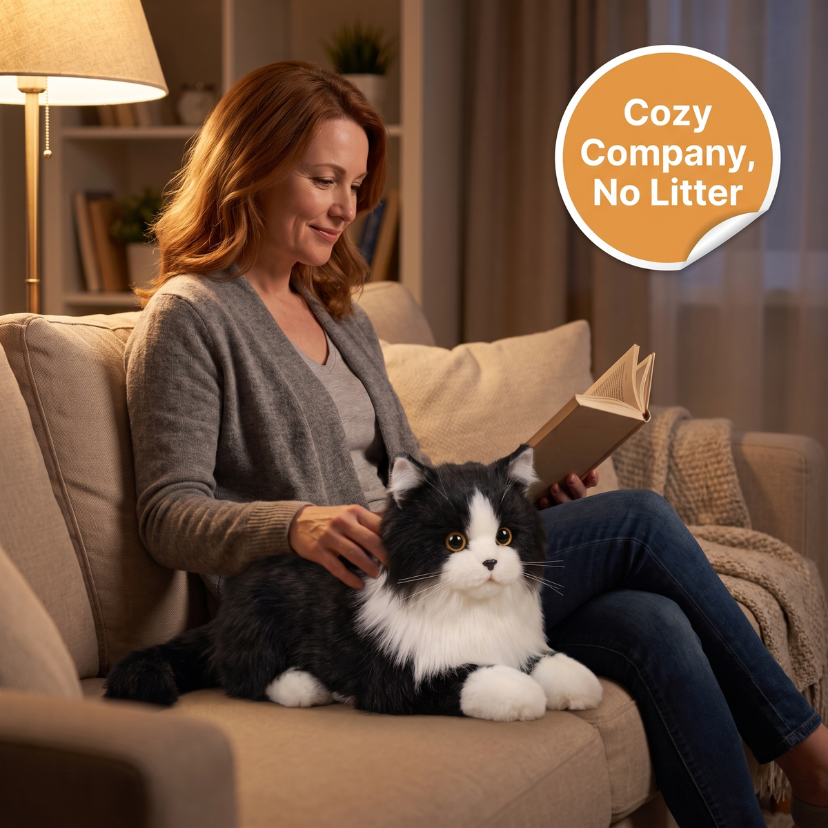 Lifelike Black and White Plush Cat