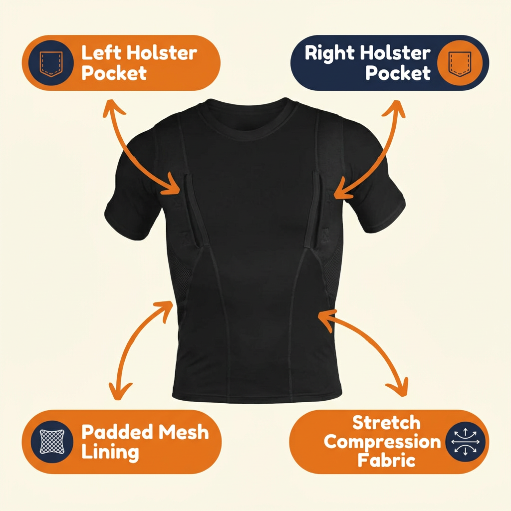 Concealed Carry Holster T-Shirt – Compression Undershirt with 2 Side Holster Pockets, Moisture-Wicking