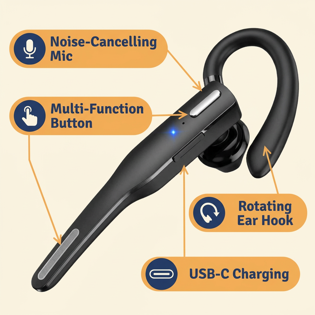 Bluetooth 5.1 Trucker Headset with Boom Mic – Dual-Mic Noise Cancelling Wireless Earpiece, 20+ Hour Talk Time, Charging Case