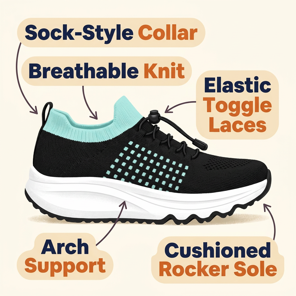 Orthopedic Walking Sneakers – Slip-On Knit Shoes with Arch Support, Wide Toe Box & Cushioned Rocker Sole