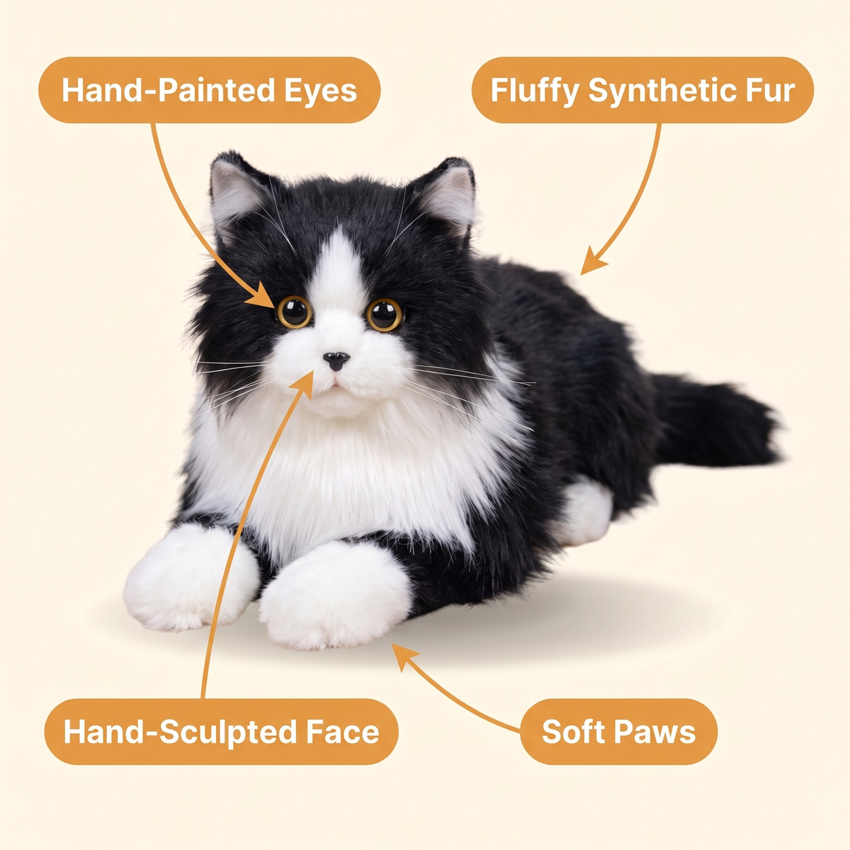 Lifelike Black and White Plush Cat