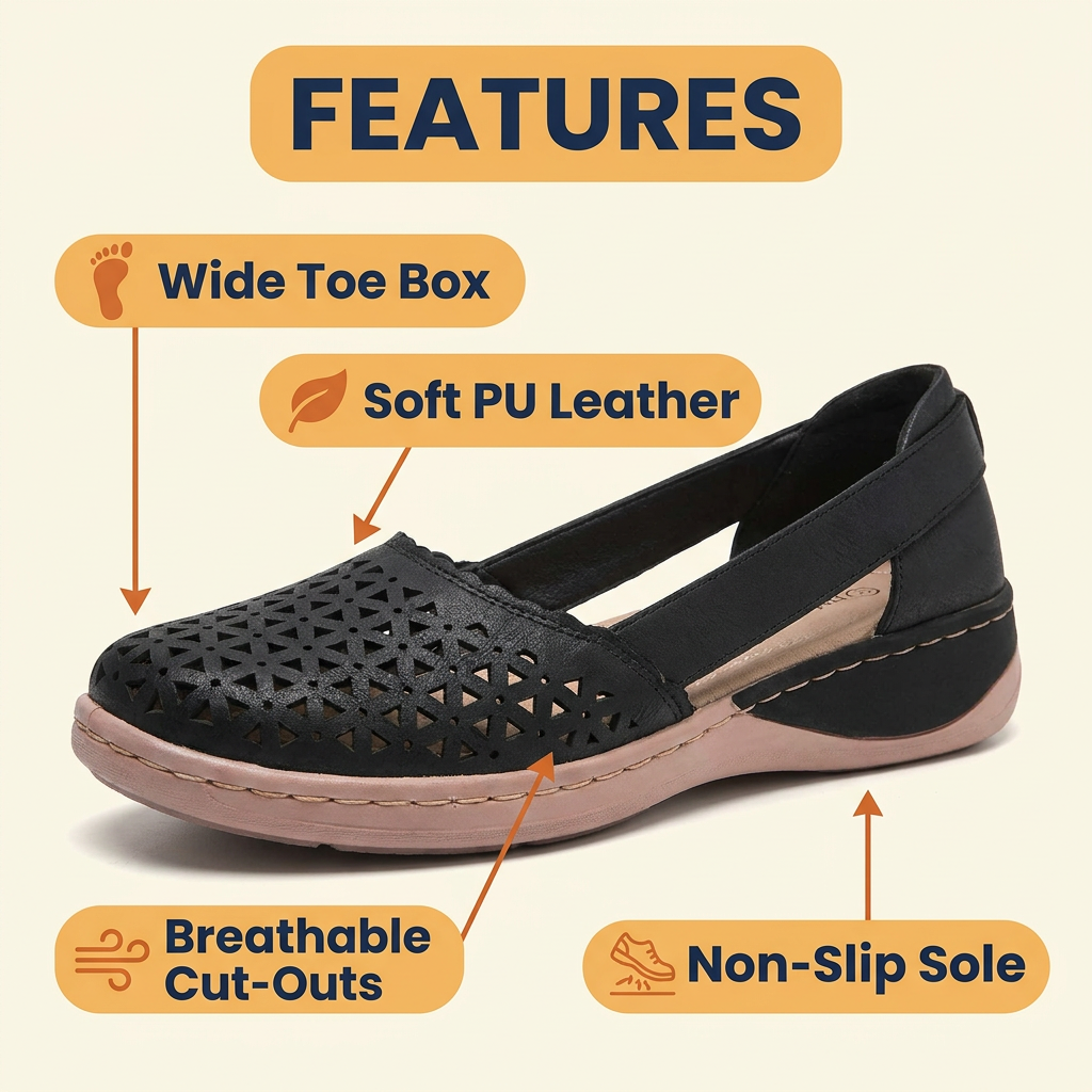 Women's Wide Toe Box Flats for Bunions – Breathable Perforated Slip-On Loafers with Non-Slip Sole