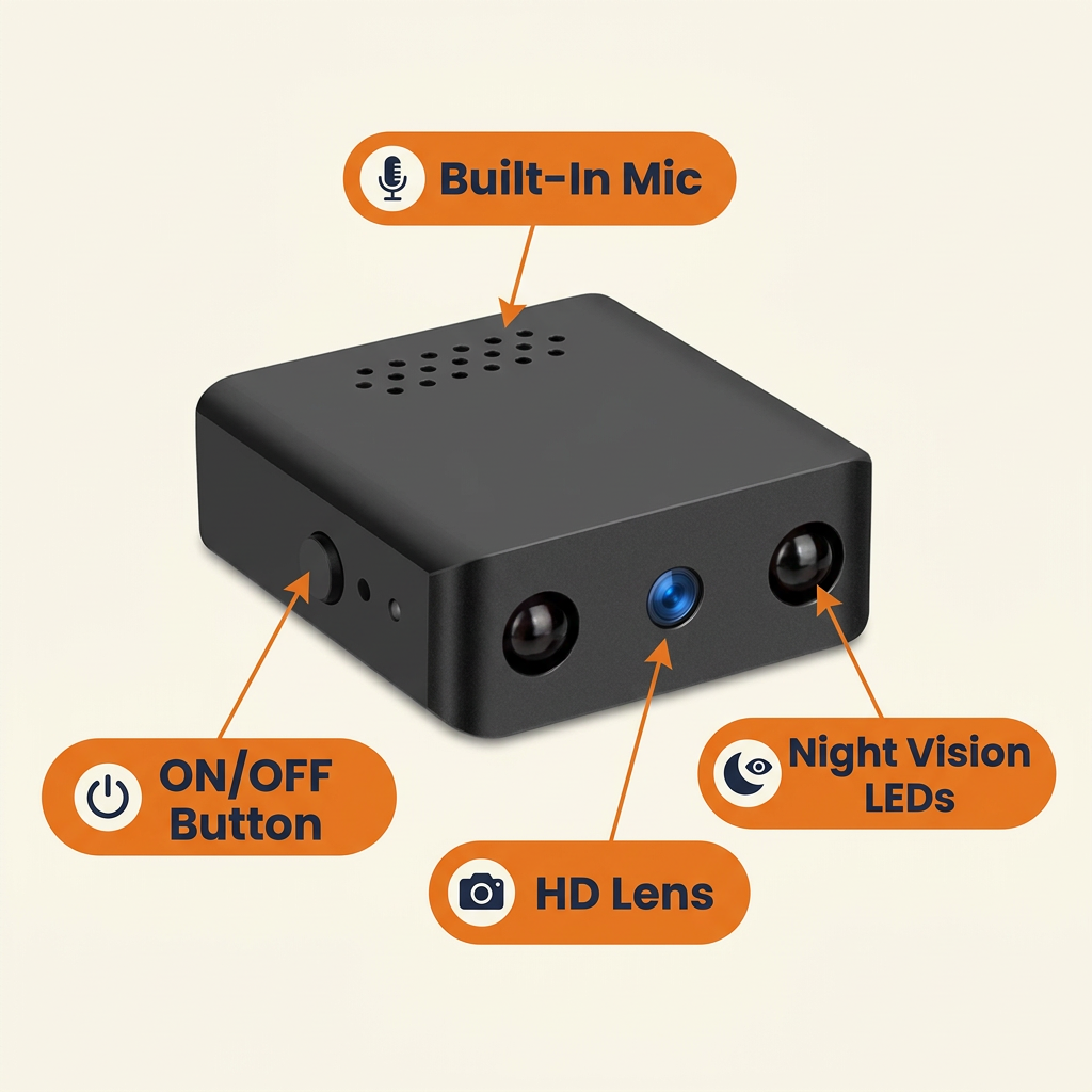 Mini Home Security Camera – HD Video with Audio, Night Vision, Motion Detection & Loop Recording