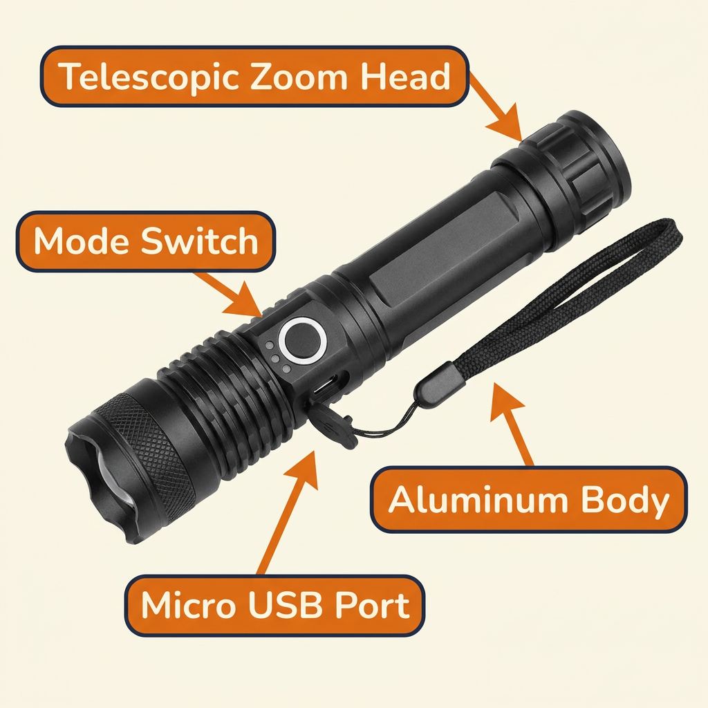 Rechargeable Tactical LED Flashlight – Super Bright XHP50 Zoom Flashlight with 5 Modes, USB Charging & Water-Resistant Aluminum Body