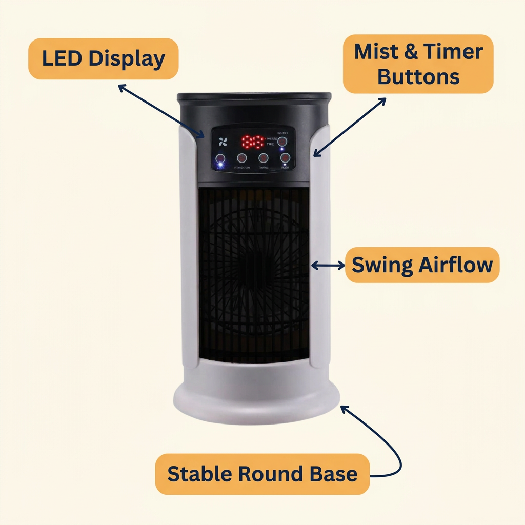 Portable Evaporative Air Cooler – Windowless Tower Room Cooler with Cooling Mist, Swing Mode & 8-Hour Timer, No Vent Needed