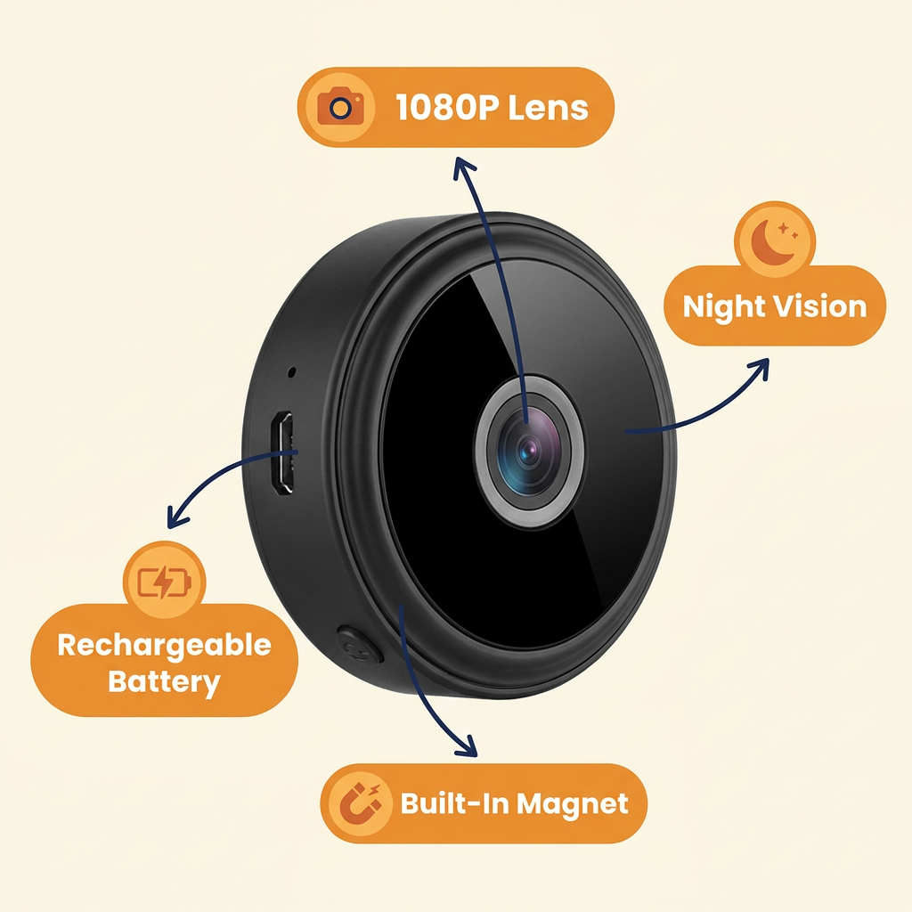 Mini WiFi Home Camera – 1080P Magnetic Pet & Baby Monitor Cam with Night Vision, Live Audio & Motion Alerts