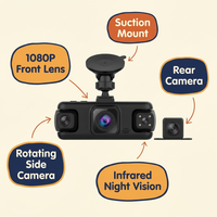 4-Channel Dash Cam Front, Rear & Inside – WiFi App, 1080P, Infrared Night Vision, 3 Inch Screen & 24H Parking Monitor