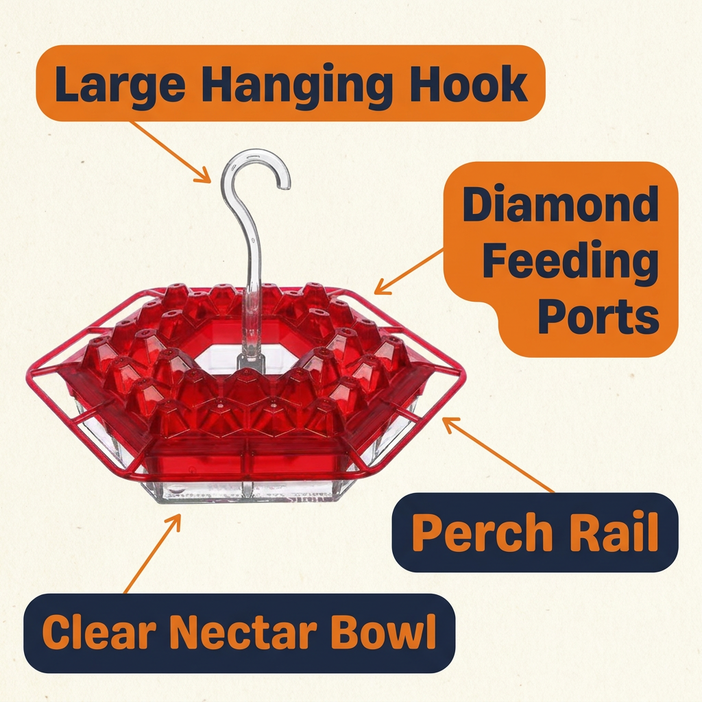 Hummingbird Feeder with Perch – 30 Diamond Feeding Ports, Built-In Ant Moat, 12 oz Hanging Outdoor Feeder
