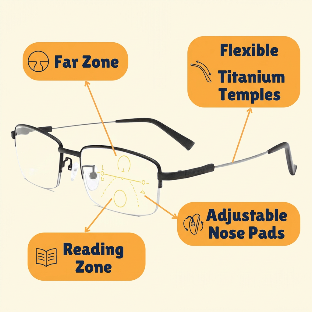 Progressive Multifocal Reading Glasses – Near, Middle & Far Vision, Light-Adaptive Blue Light Blocking Lenses