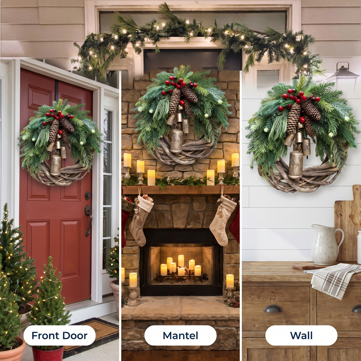 Farmhouse Christmas Wreath, Boho Wreath, Holiday Wreath