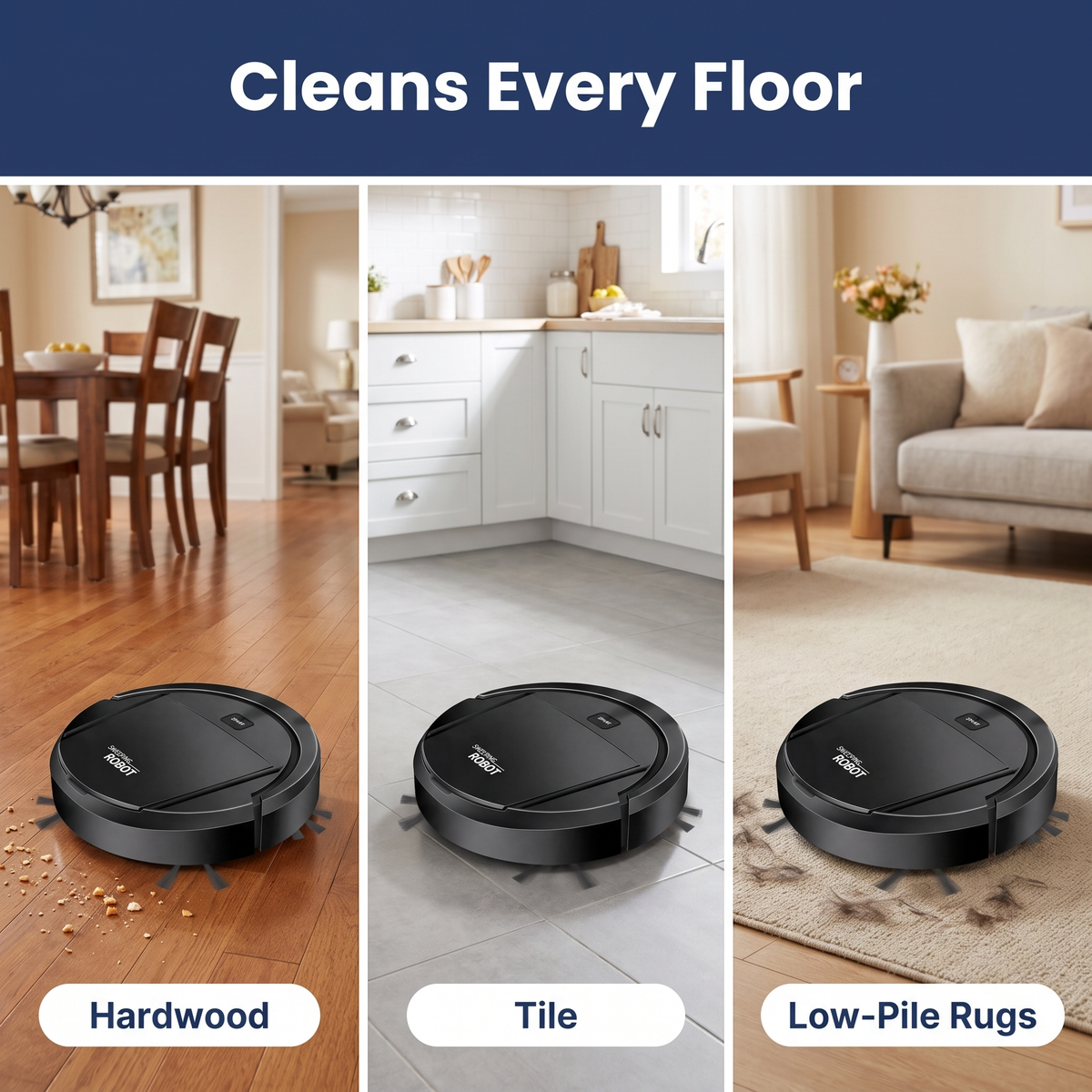 Smart robot vacuum cleaner with ultra-quiet cleaning and HEPA filtration