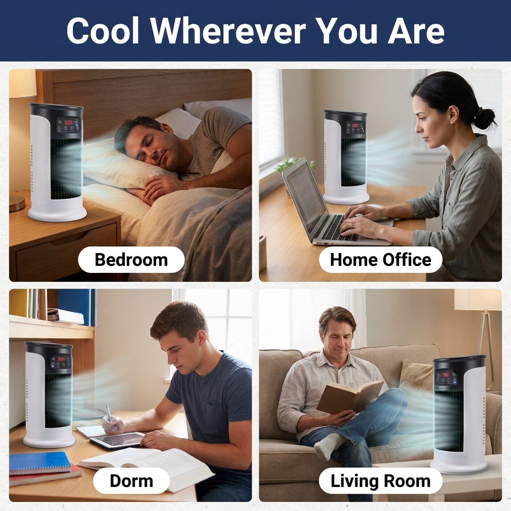 Portable Evaporative Air Cooler – Windowless Tower Room Cooler with Cooling Mist, Swing Mode & 8-Hour Timer, No Vent Needed