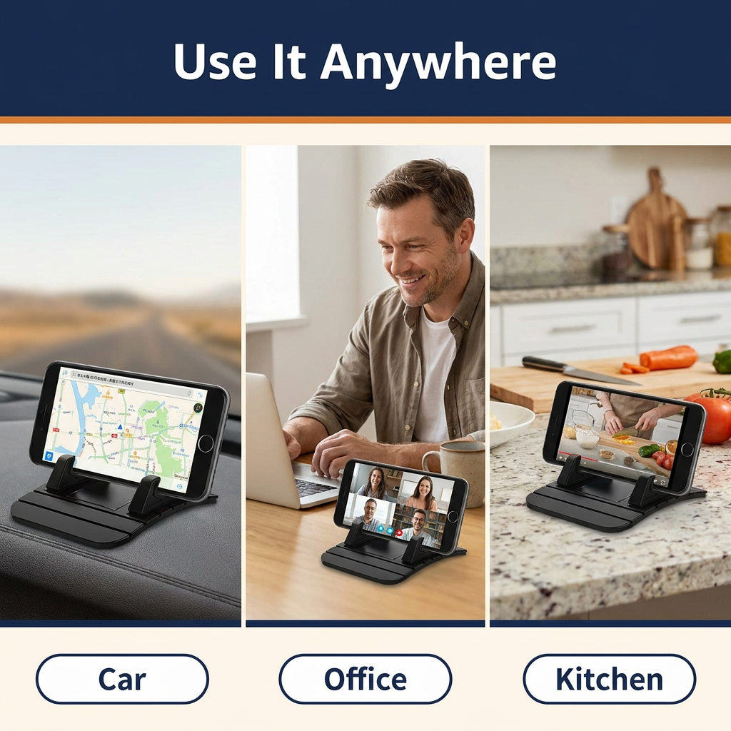 Non-Slip Silicone Car Phone Holder – Dashboard Phone Mount Pad, No Adhesive, Doubles as Desk Stand