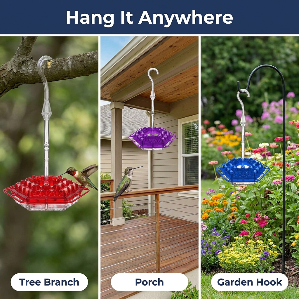 Hummingbird Feeder with Perch – 30 Diamond Feeding Ports, Built-In Ant Moat, 12 oz Hanging Outdoor Feeder