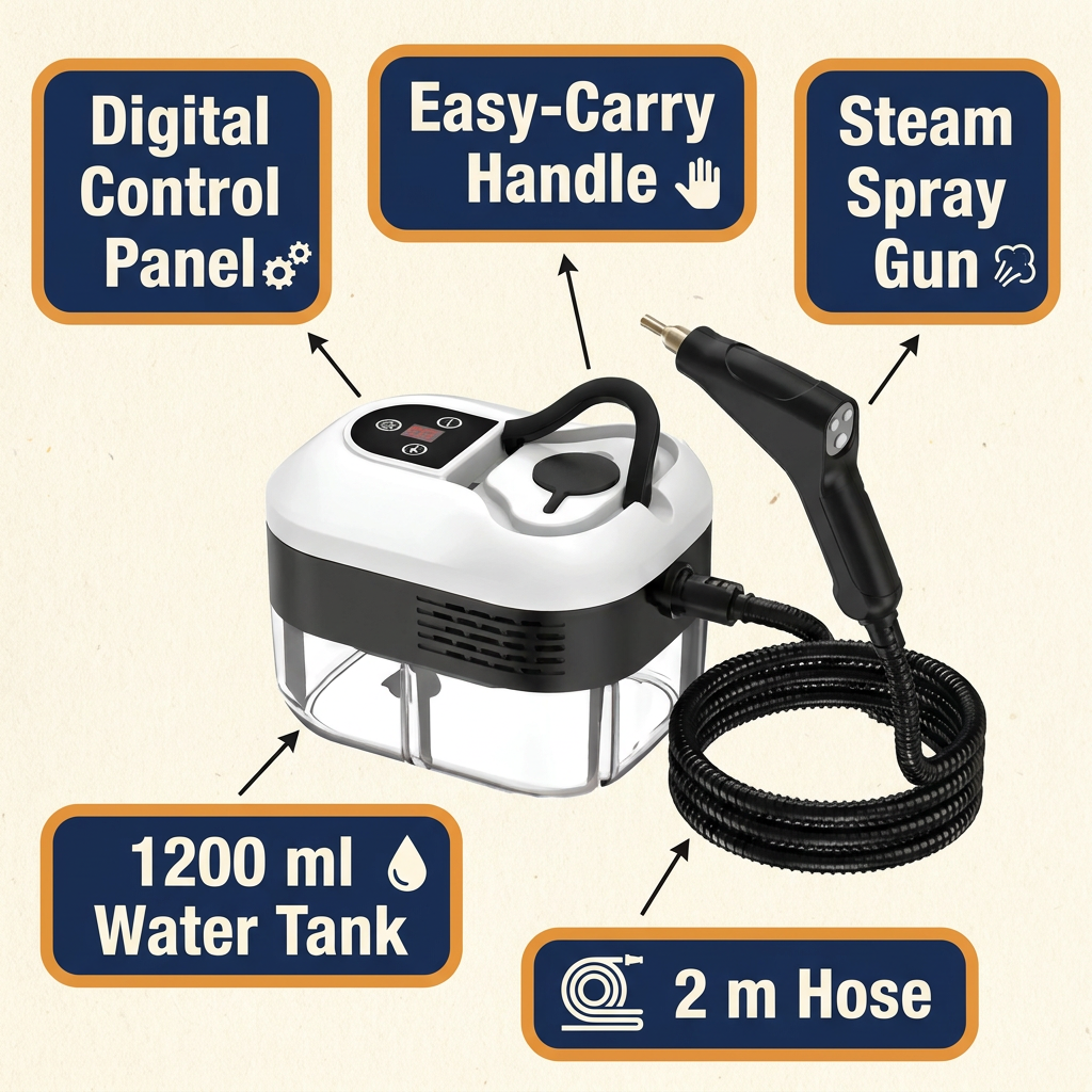 Portable Steam Cleaner with Spray Gun – 6 Steam Levels, 1200 ml Tank
