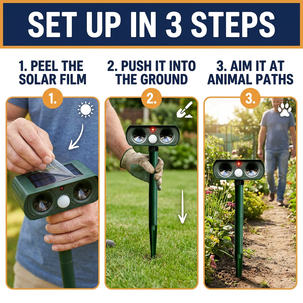 Solar Animal Repeller – Ultrasonic Outdoor Deterrent with Motion Sensor & Flashing Light for Deer, Squirrels, Cats
