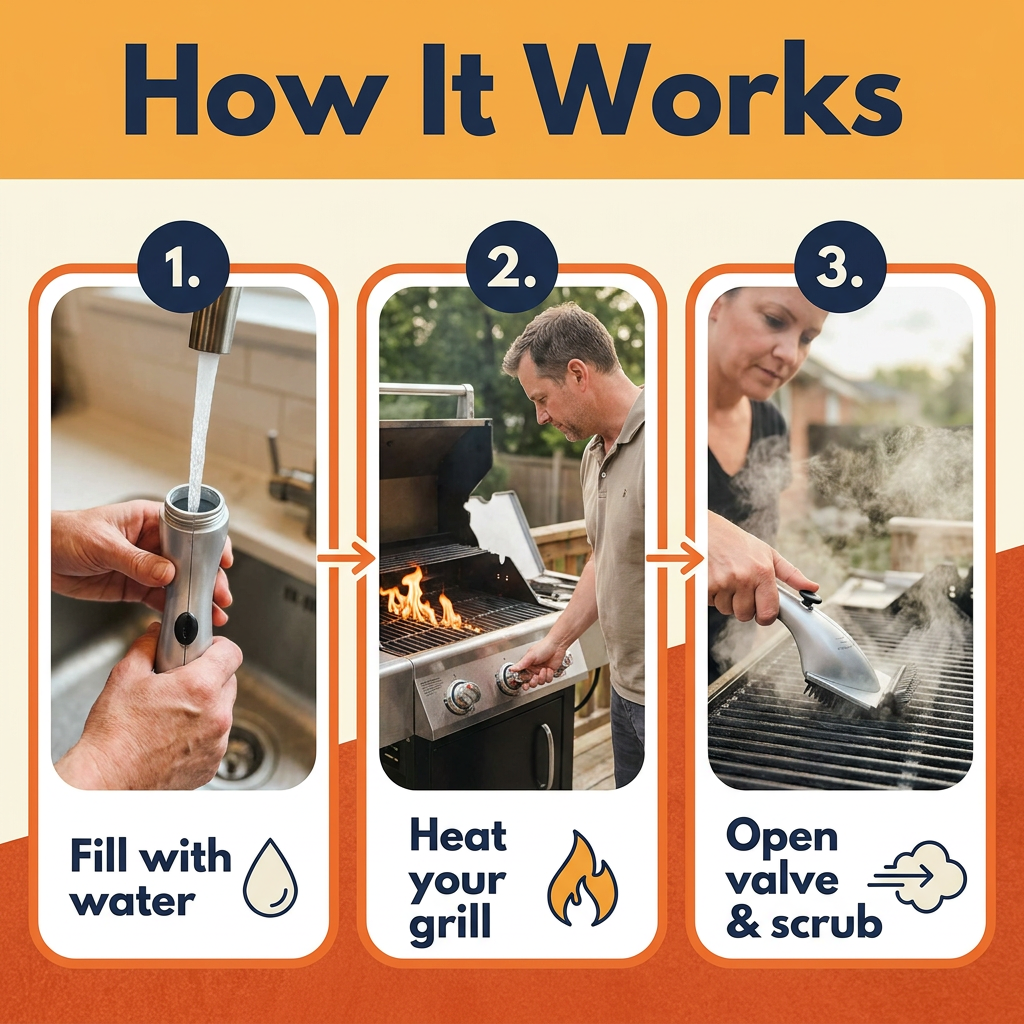 Steam Grill Brush – Stainless Steel BBQ Cleaner with Water Tank (CLAUDE VERSION 3)