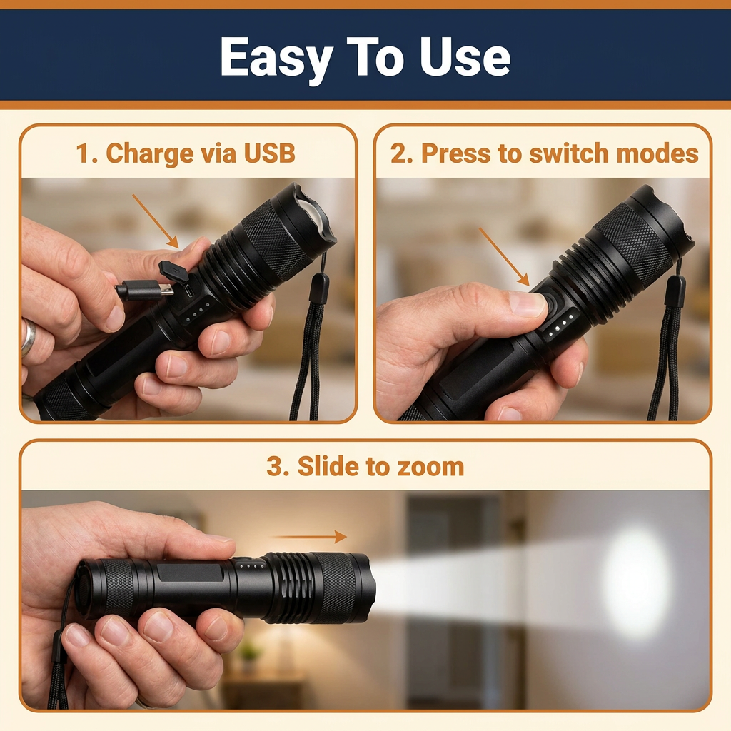 Rechargeable Tactical LED Flashlight – Super Bright XHP50 Zoom Flashlight with 5 Modes, USB Charging & Water-Resistant Aluminum Body