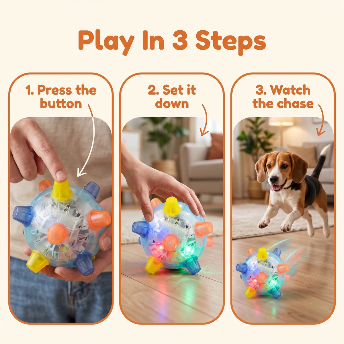 LED Jumping Ball for Dogs – Interactive Bouncing Dog Toy with Flashing Lights & Music, Self-Moving Activation Ball 5.1 in
