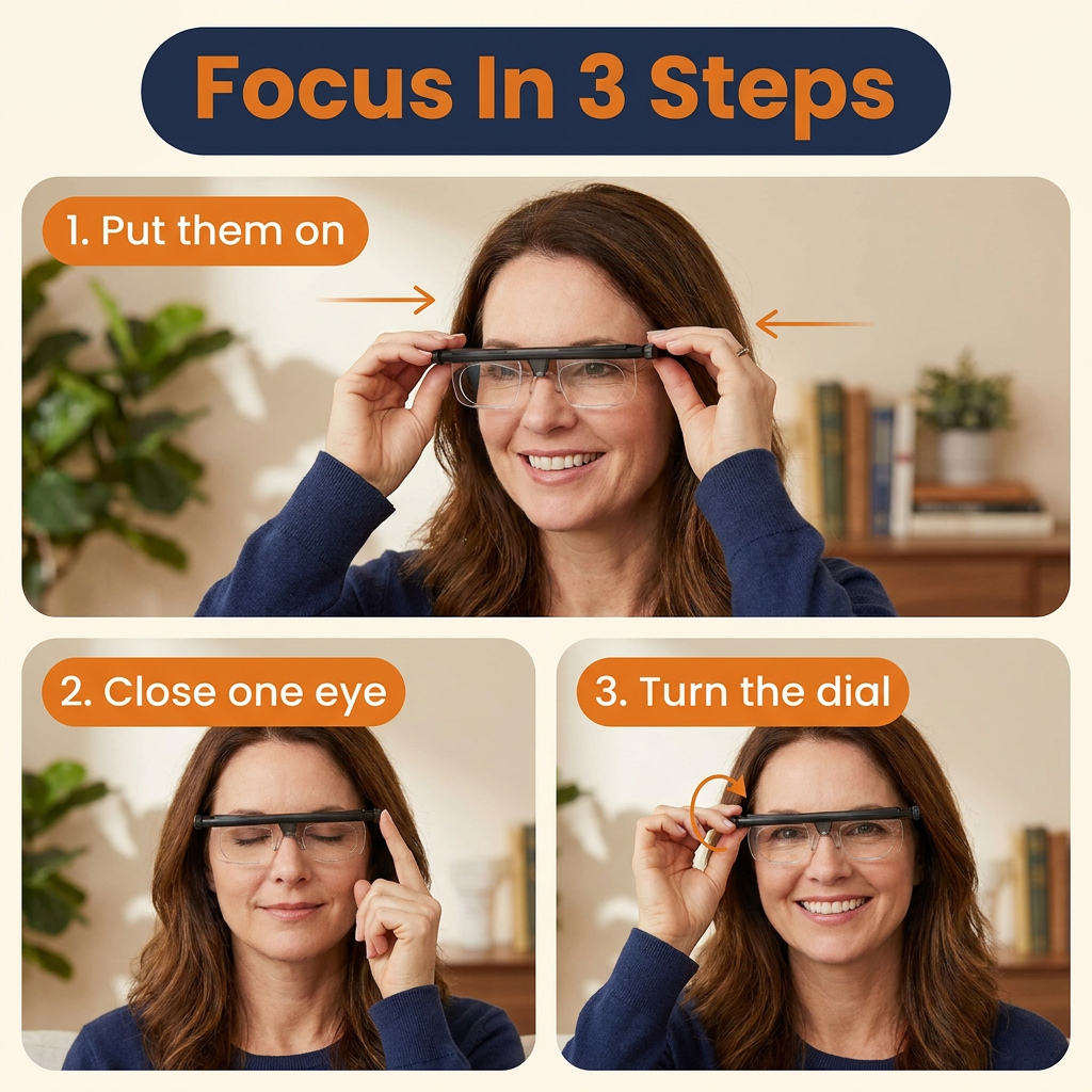 Adjustable Focus Glasses – Dial-Adjust Reading & Distance Eyeglasses, No Prescription Needed, Lightweight