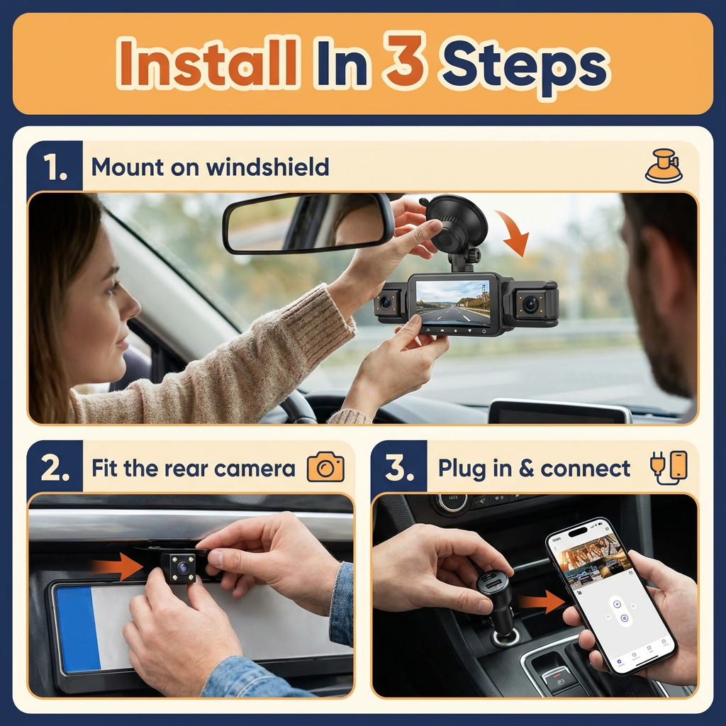 4-Channel Dash Cam Front, Rear & Inside – WiFi App, 1080P, Infrared Night Vision, 3 Inch Screen & 24H Parking Monitor