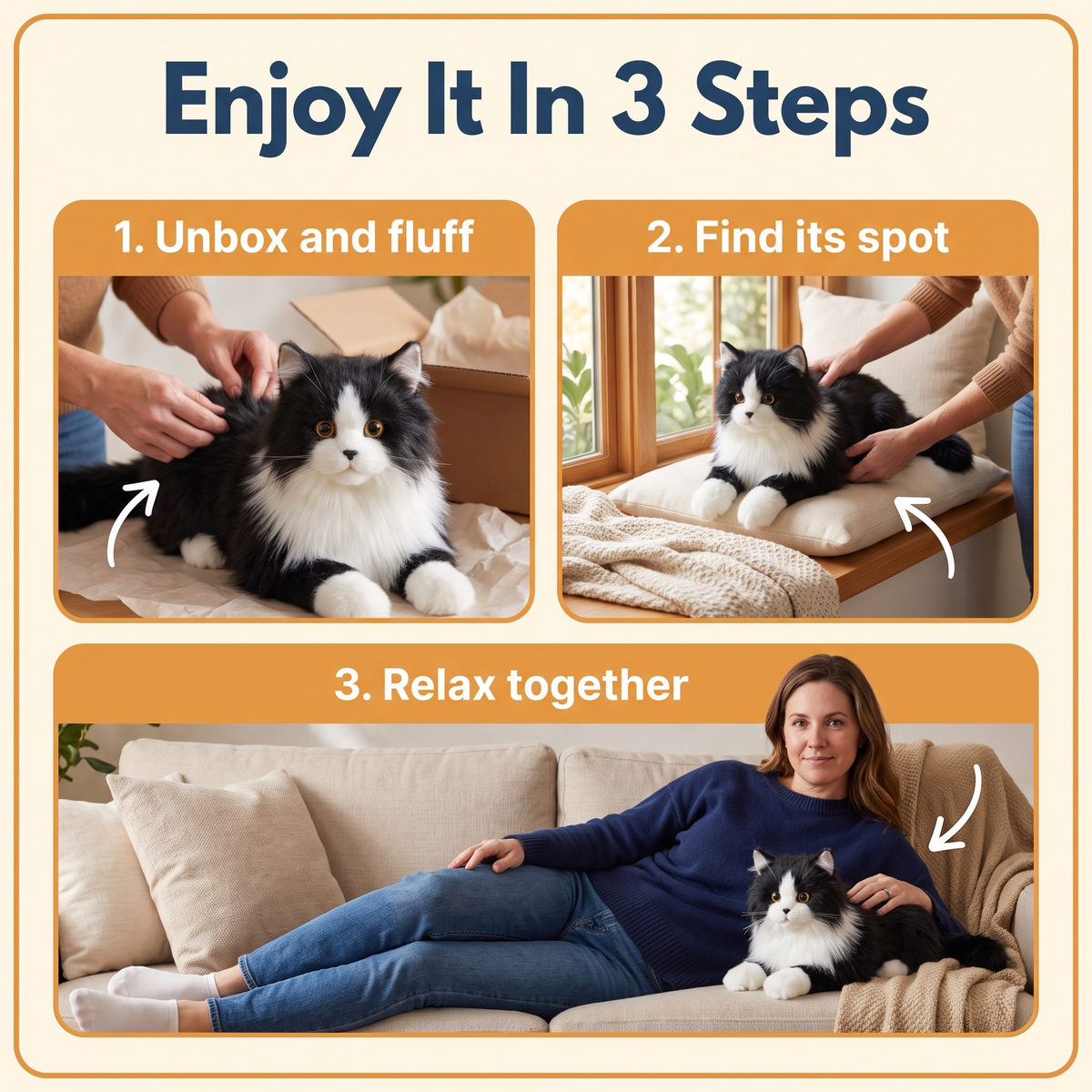 Lifelike Black and White Plush Cat
